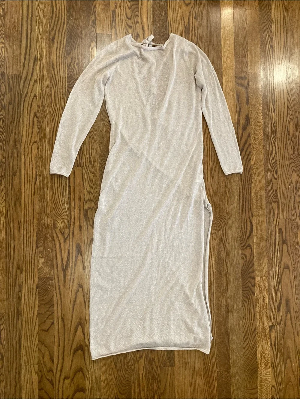 Abercrombie Long Sleeve Metallic Knit Midi Dress in Light Beige Size Large